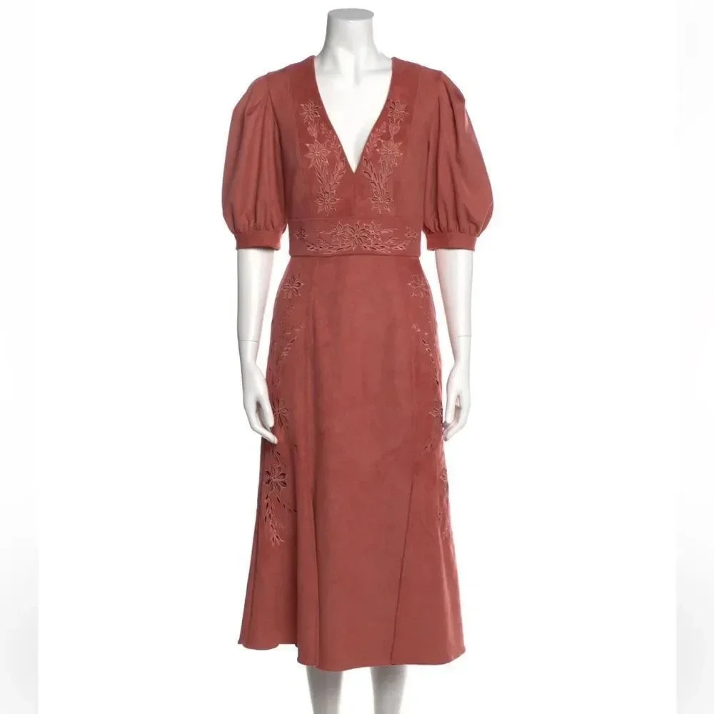 PatBo Women's Floral Eyelet‎ Trim V Neck Pink Midi Dress size 2